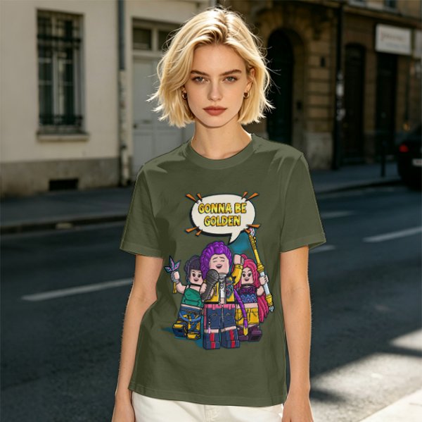 Olive T-shirt with Lego-style characters and 'Gonna Be Golden' print