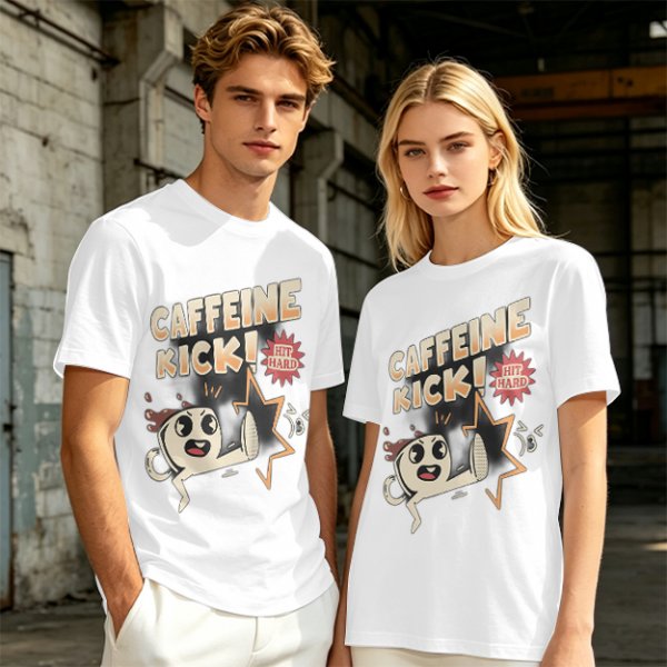 Olive graphic tee with caffeine kick cartoon coffee cup design