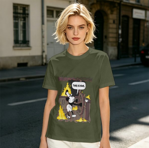 Olive T-Shirt With Steamboat Willie This Is Fine Burning Ship Art
