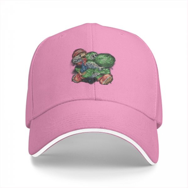 Black Baseball Cap With Artistic Mario And Green Turtle Print