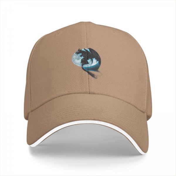 Black Baseball Cap With Dragon Silhouette And Full Moon Print