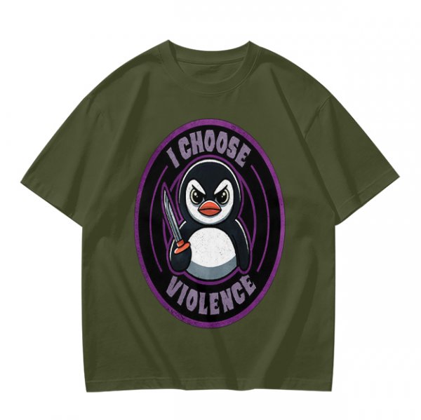 Olive t-shirt with angry penguin holding knife and I Choose Violence print