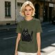 Oversized Army Green T-Shirt With Surprised Black Cat Graphic
