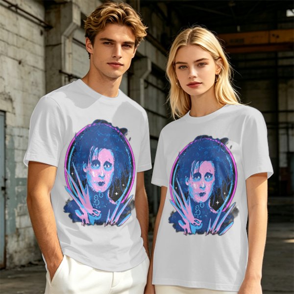 Olive T-Shirt With Neon Edward Scissorhands Portrait Print