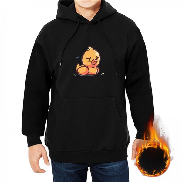 Black Hoodie With Grumpy Cartoon Duck Graphic Print