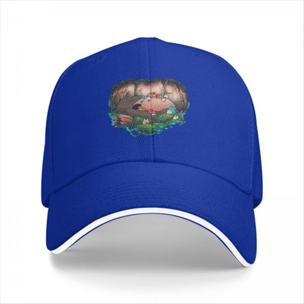 Black baseball cap with forest spirit creature graphic print