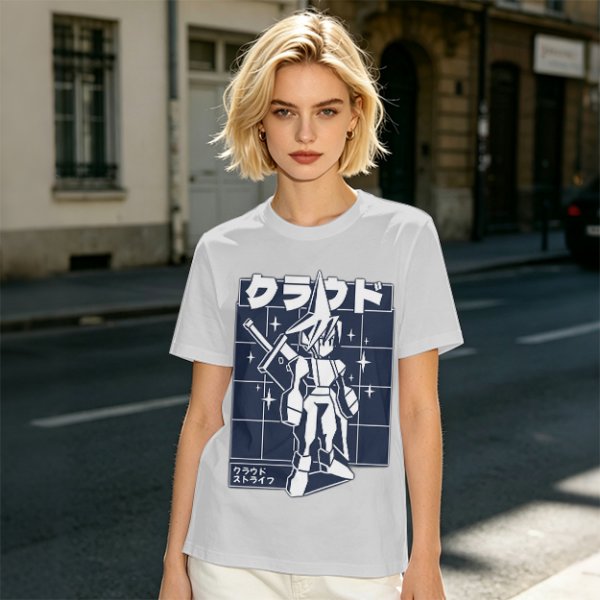 Olive t-shirt with stylized anime warrior graphic and Japanese text