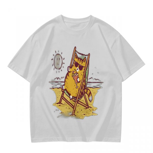 Olive T-Shirt With Cool Cat Lounging On Beach Chair Holding Drink