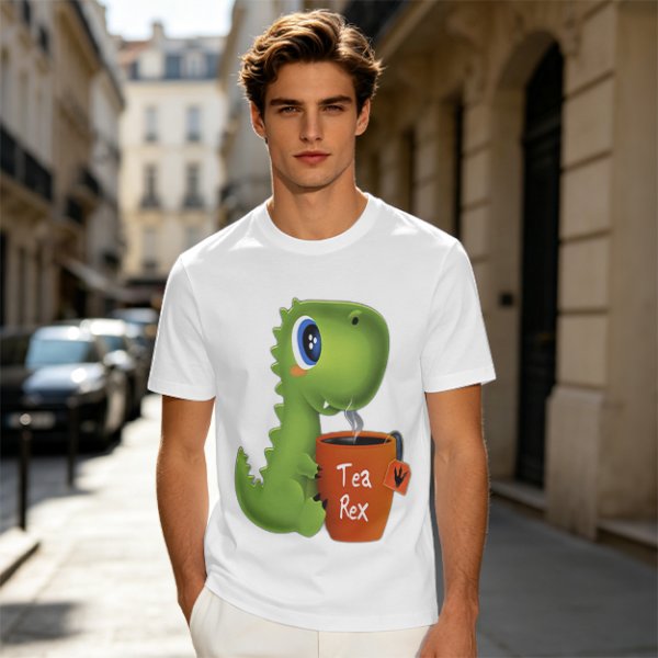 Olive green t-shirt with cute Tea Rex dinosaur holding a steaming tea mug