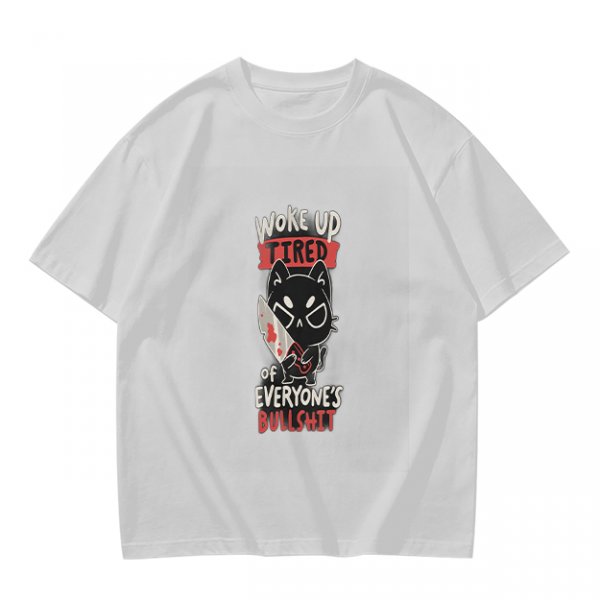 Olive Graphic T-Shirt With Tired Cat Holding Knife Slogan