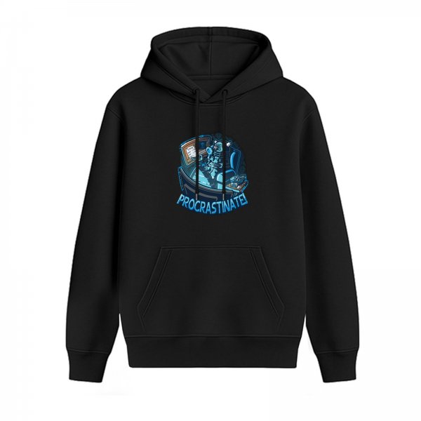 Black hoodie with procrastinate gaming desk graphic print