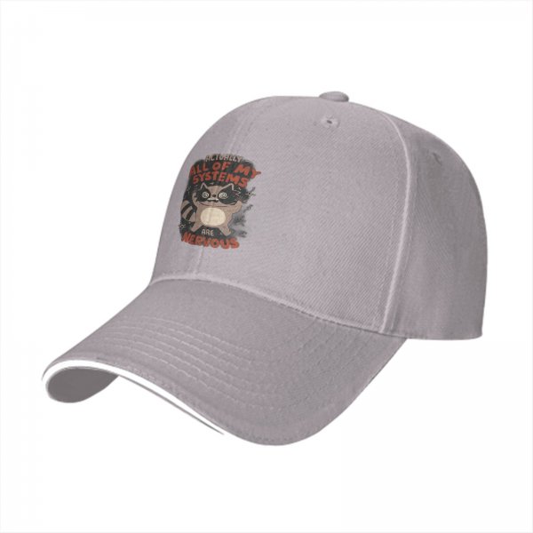 Black baseball cap with nervous raccoon 'all my systems are nervous' print