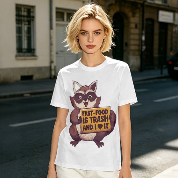 Olive t-shirt with a raccoon holding a fast food trash sign