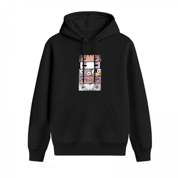Black hoodie with Spirited Away character face stack graphic