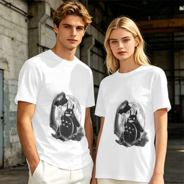 Olive t-shirt with Totoro and small spirits under full moon print