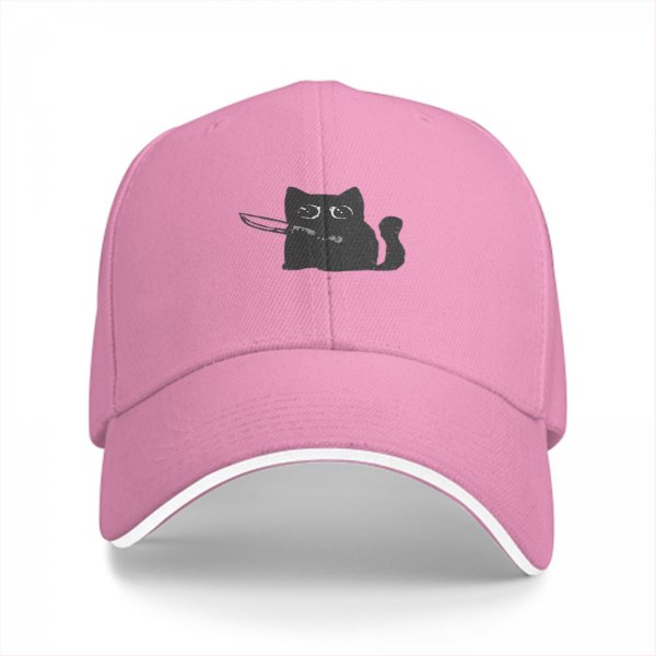 Black baseball cap with a cartoon cat holding a knife graphic