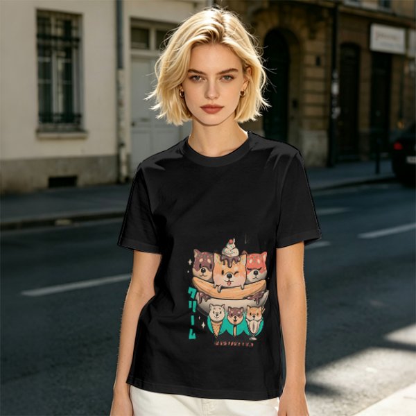Olive green t-shirt with cute shiba inu ice cream graphic