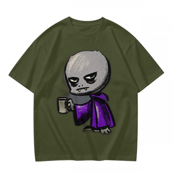 Olive T-Shirt With Grumpy Vampire Holding Coffee Mug Print