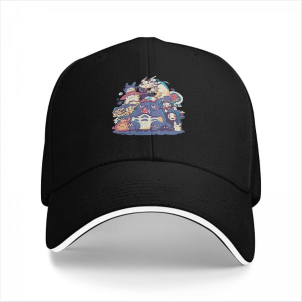 Black Baseball Cap With Studio Ghibli Character Group Print