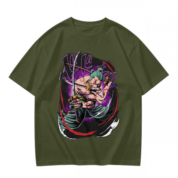 Olive T-shirt with One Piece Roronoa Zoro Three Sword Style Print