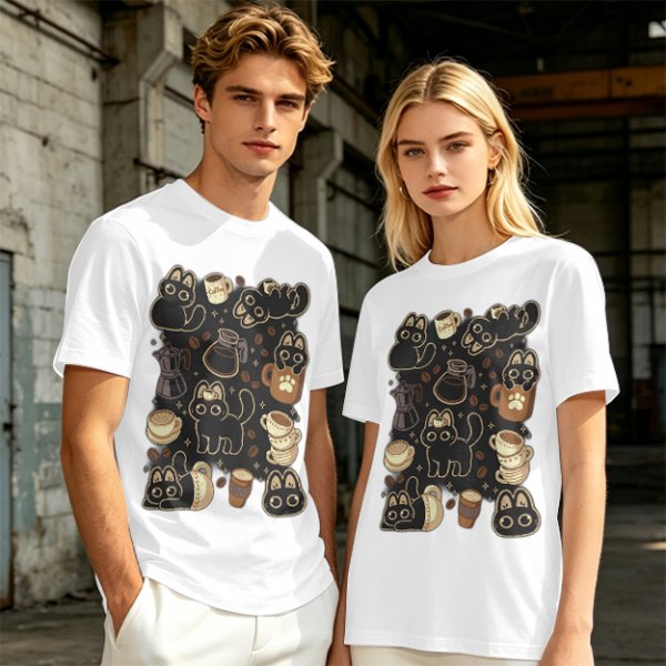Olive T-Shirt With Cute Black Cats And Coffee Themed Print