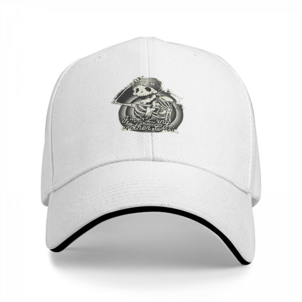 Black baseball cap with stressed skeleton graphic and crisis quote