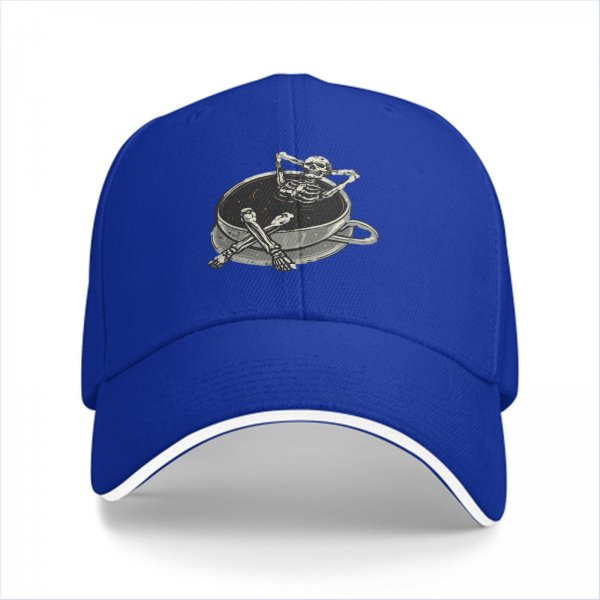 Black baseball cap with skeleton relaxing in coffee cup graphic