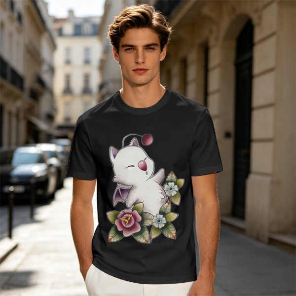 Olive T-Shirt Featuring Cute Fantasy Creature and Floral Art
