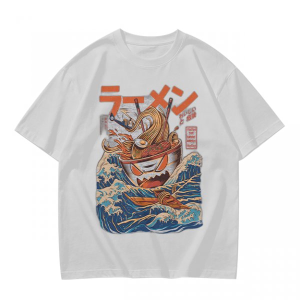 Olive T-Shirt With Great Wave Inspired Monster Ramen Bowl Art