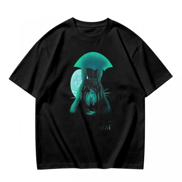 Olive T-Shirt With Glowing Teal Mushroom Creature And Moon Print