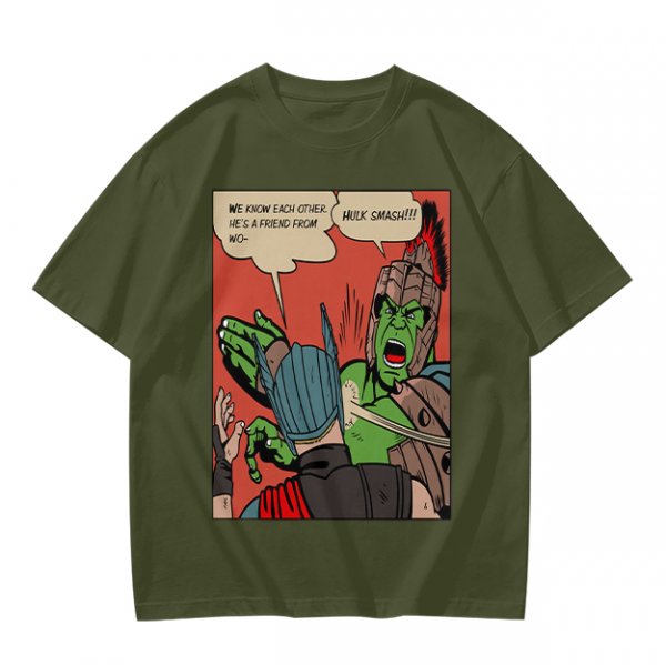 Olive t-shirt with comic print of Hulk and Thor mid-smashed interaction