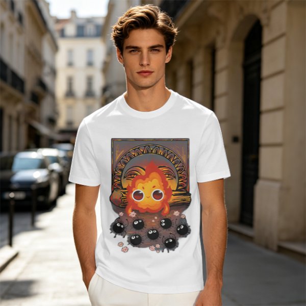 Olive t-shirt with Calcifer and soot sprites graphic print