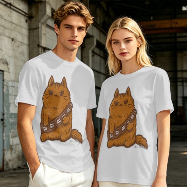 Olive green t-shirt with a grumpy cat in a Chewbacca-style bandolier print