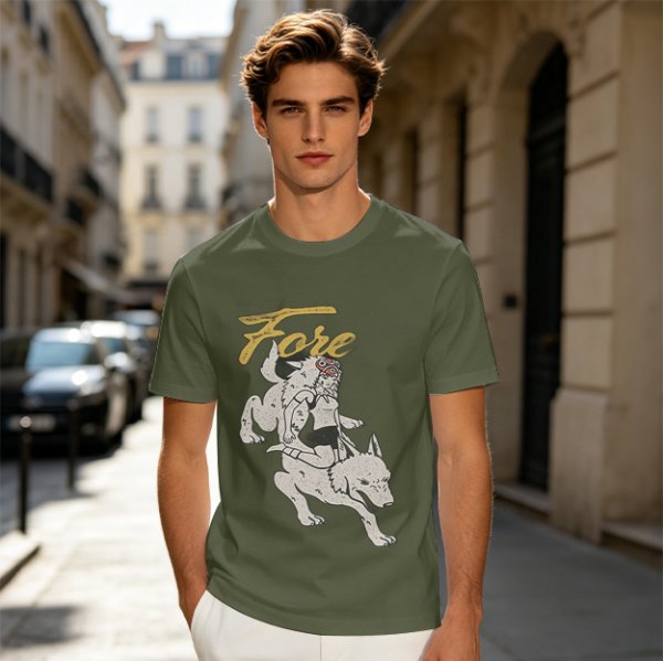 Olive graphic t-shirt with wolf rider and 'Fore' text print