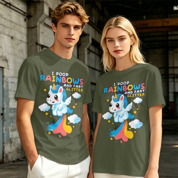 Olive t-shirt with playful unicorn rainbow poop and glitter fart graphic