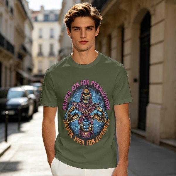 Olive t-shirt with skeleton warrior graphic and permission forgiveness text