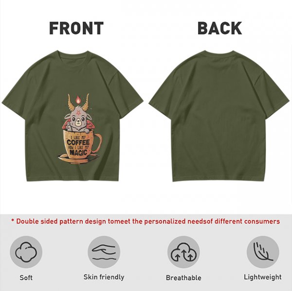 Olive t-shirt with cute Baphomet coffee magic print