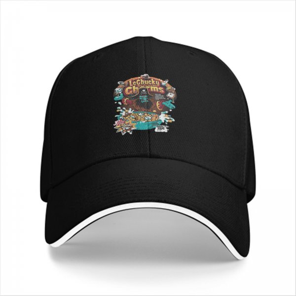 Black baseball cap with LeChucky Charms cereal graphic print