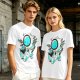 Olive T-Shirt with Astronaut Cat and Fish Graphic Print