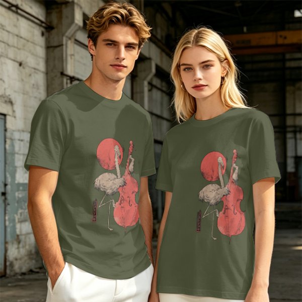 Olive T-Shirt With Crane Playing Cello Red Moon Art Print