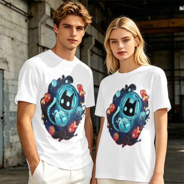 Olive t-shirt with space astronaut cat and goldfish graphic