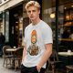 Olive T-shirt with cartoon muscular character meditating surrounded by candles