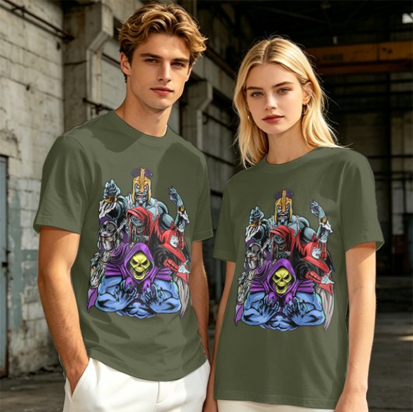 Olive T-shirt with Villainous Cartoon Character Group Print