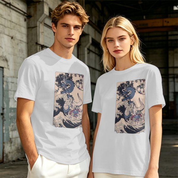 Olive T-Shirt with Japanese Ukiyo-e Dragon and Wave Print