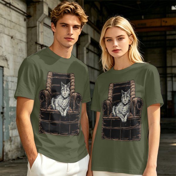 Olive Green T-Shirt With Cat In Armchair Graphic Print