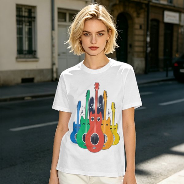 Olive T-Shirt With Colorful Cat Guitar Illustration