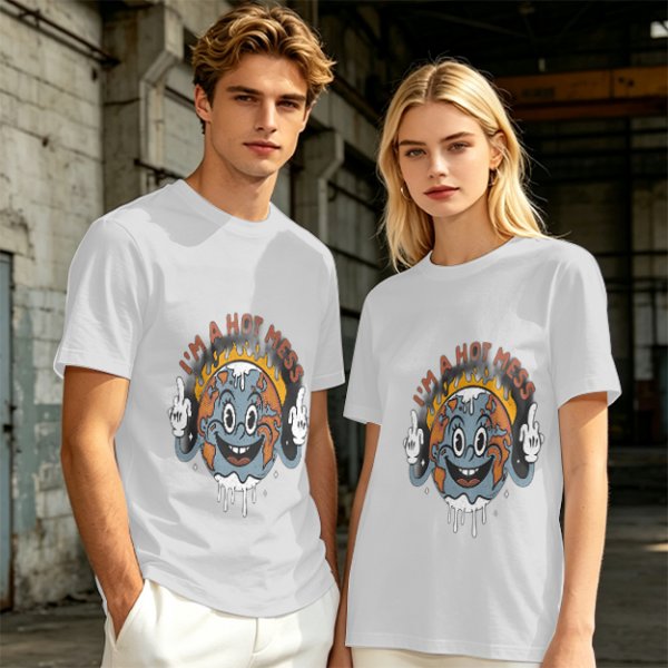 Olive t-shirt with 'I'm a Hot Mess' melting earth graphic