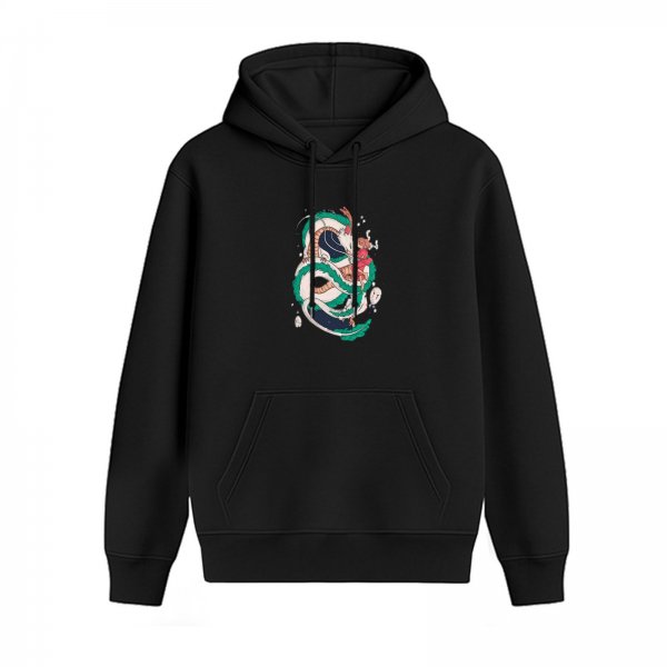 Black hoodie with Spirited Away Haku dragon and Chihiro print