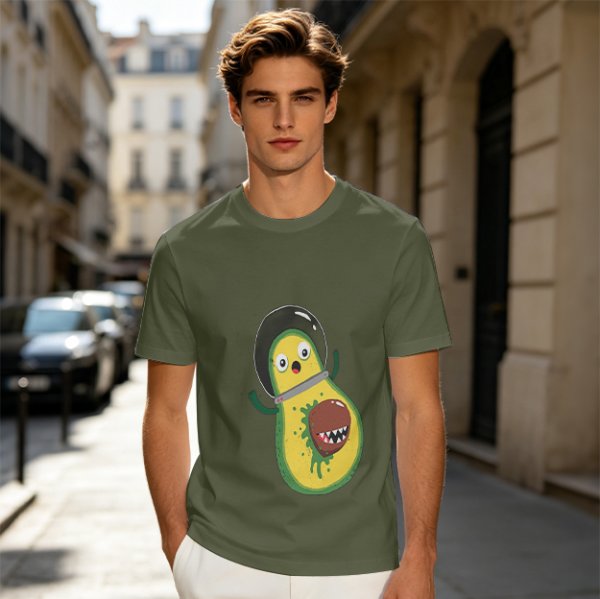 Olive T-Shirt With Astronaut Avocado Monster Print