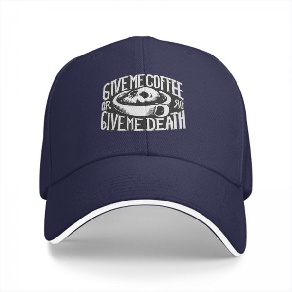 Black baseball cap with 'Give Me Coffee Or Give Me Death' skull graphic